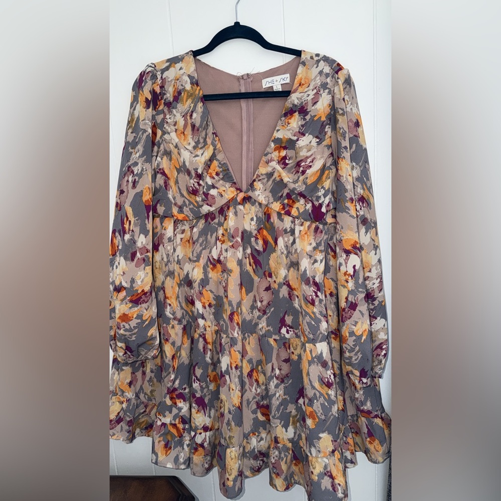She + Sky Long Sleeve Floral Swing Dress in Gray, Mustard, Mauve